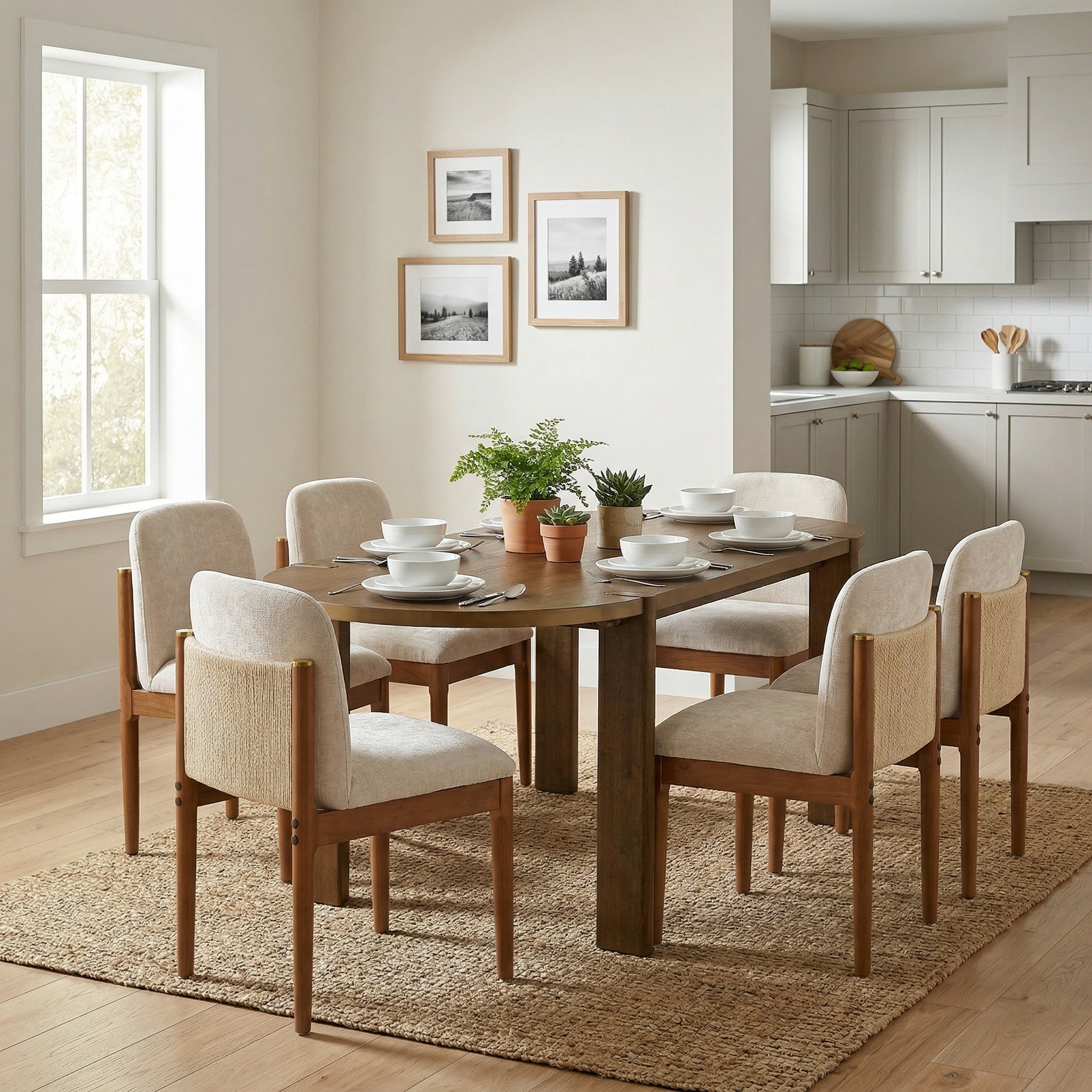 7 Pieces Modern Oval Dining Set, Rustic Farmhouse Solid Wood Kitchen Table Set for 6