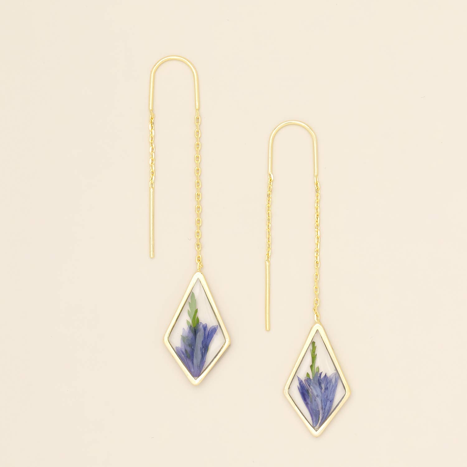 Pressed Flower Thread Earring - Purple Cornflower/Gold