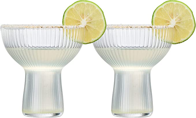 Ribbed Stemless Margarita Glasses With Gold Rim Set Of 2 Hand Blown Luxury Coupe Cocktail Martini Ch