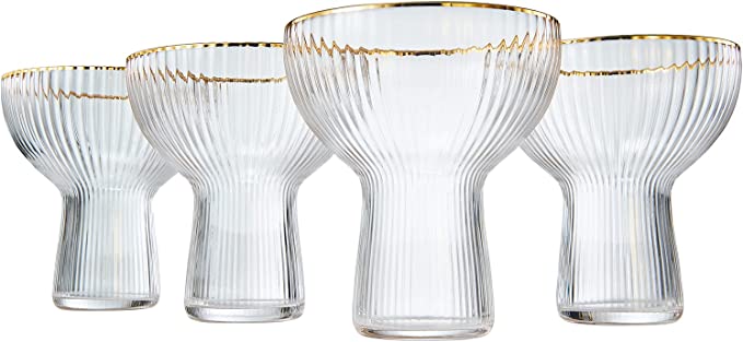 Ribbed Stemless Margarita Glasses With Gold Rim Set Of 4 Hand Blown Luxury Coupe Cocktail Martini Ch