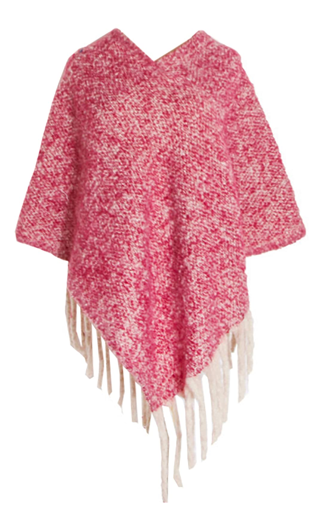 stylesilove Autumn Winter Women Solid Knitted V-Neck Pullover Fringe Poncho Sweater Lightweight Cape Cozy Wrap Tassel Shawl