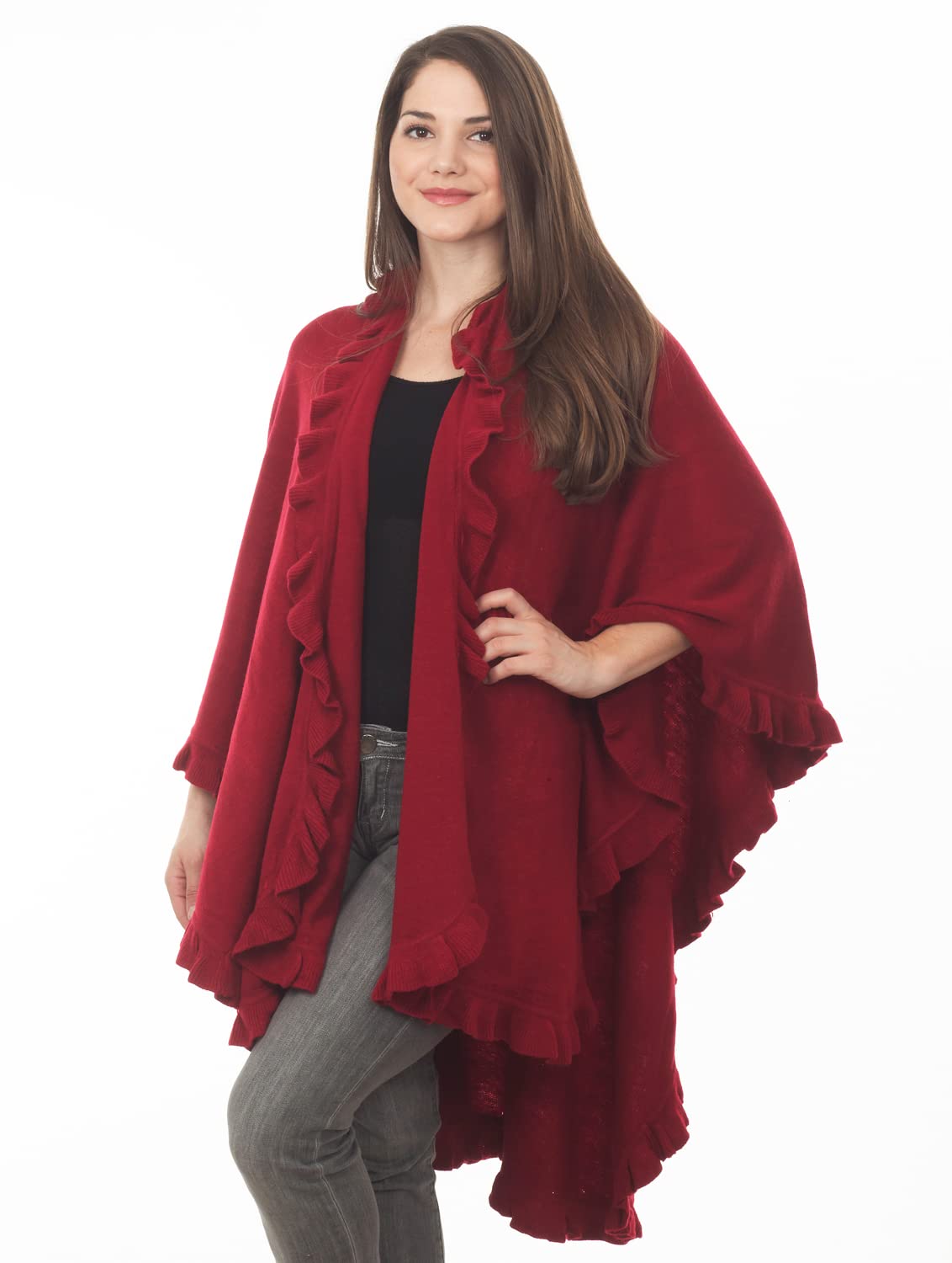 Fennco Styles Women's Ruffle Trim Knit Open Front Poncho Cape Shawl - Fall Wrap Jacket, Cozy and Stylish Layering Piece