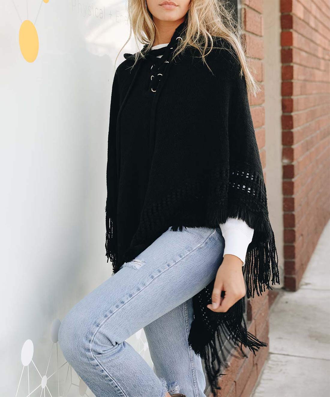 Styles I Love Women Fringed Lace Up Hooded Poncho Pullover Cardigan Soft Wrap for Winter Season