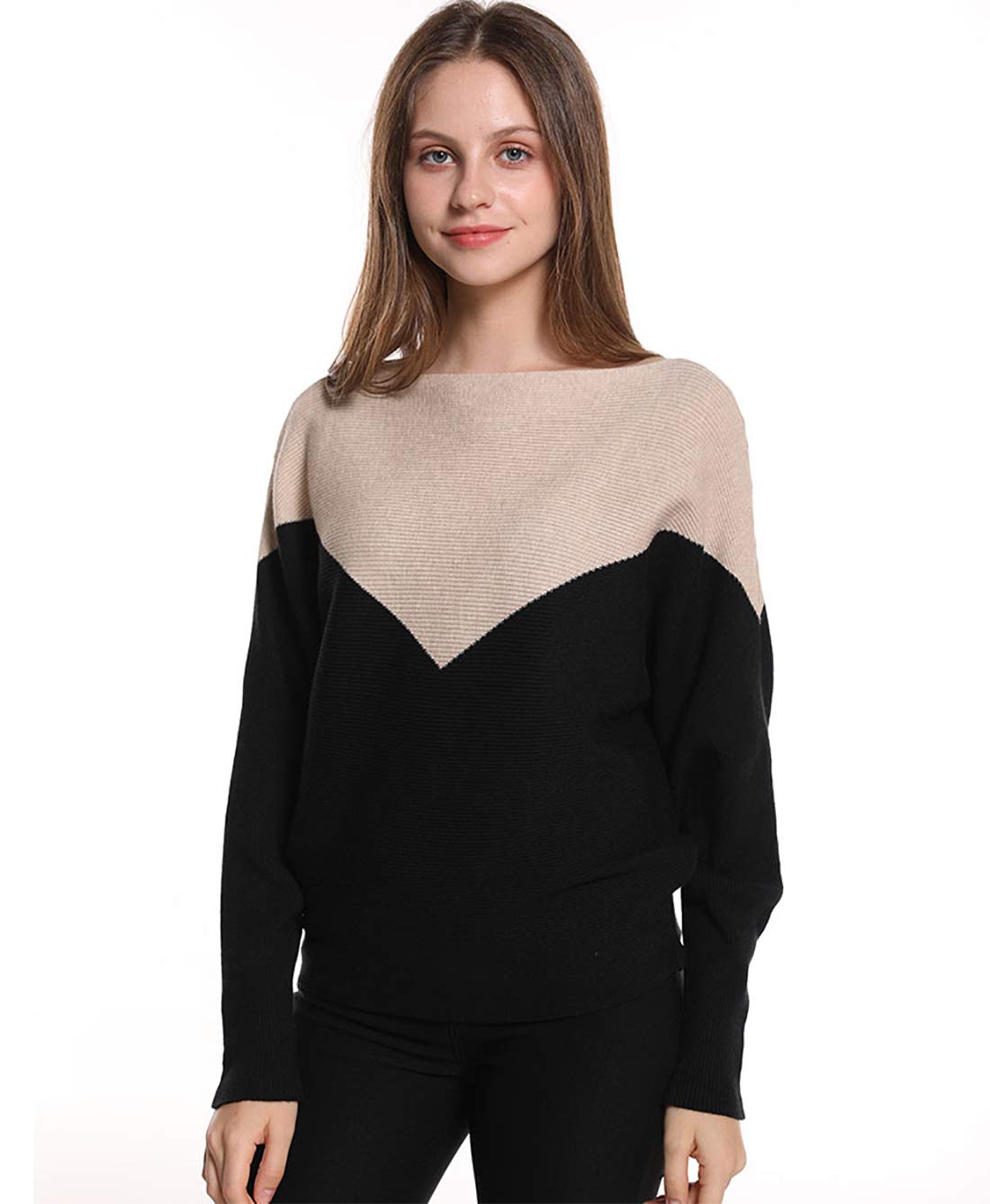 Styles I Love Women Autumn Winter Two-Tone Boat Neck Batwing Sleeve Pullover Knitted Sweater Long Sleeve Loose Top