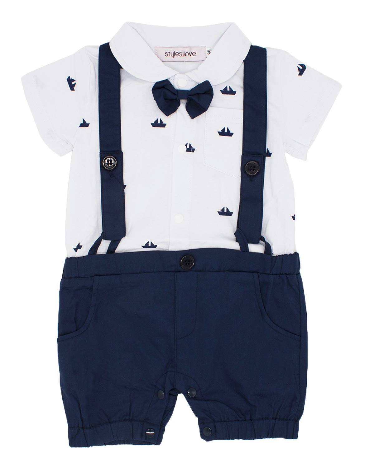 stylesilove Sailor Boat Print Faux Suspender Formal Wear Baby Boys Short Sleeve Romper Outfit