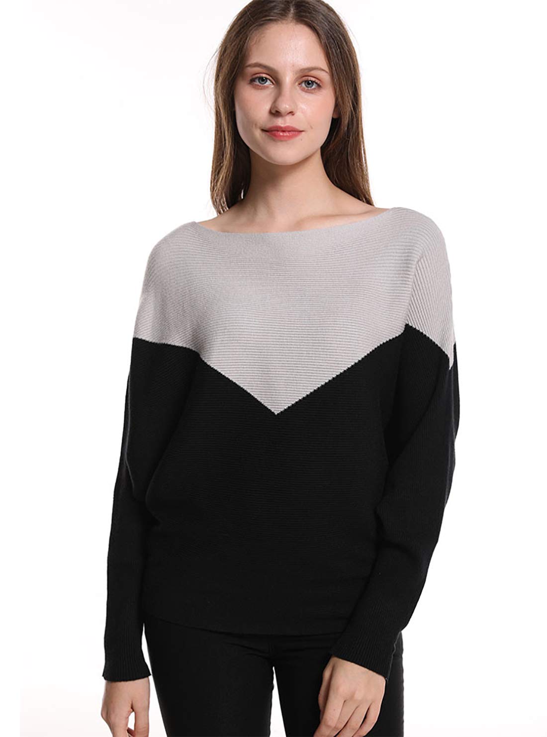 Styles I Love Women Autumn Winter Two-Tone Boat Neck Batwing Sleeve Pullover Knitted Sweater Long Sleeve Loose Top
