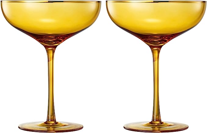 Colored Sunset Yellow Gilded Rim Coupe Glass 9OZ Cocktail Champagne Glasses 2 Set Vibrant Color Gold