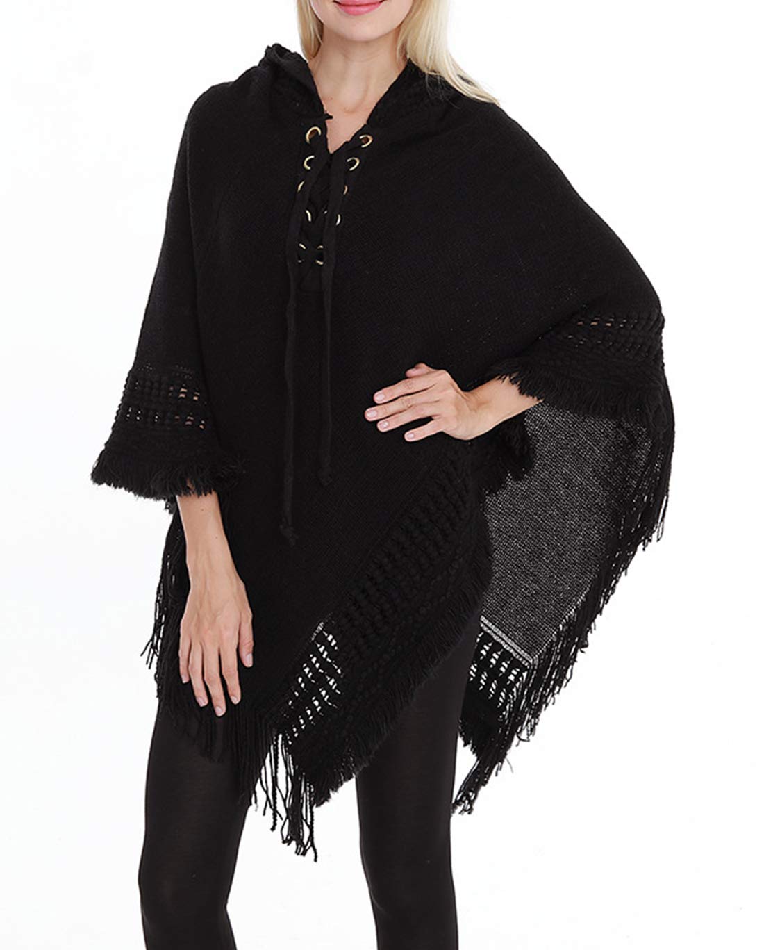 Styles I Love Women Fringed Lace Up Hooded Poncho Pullover Cardigan Soft Wrap for Winter Season