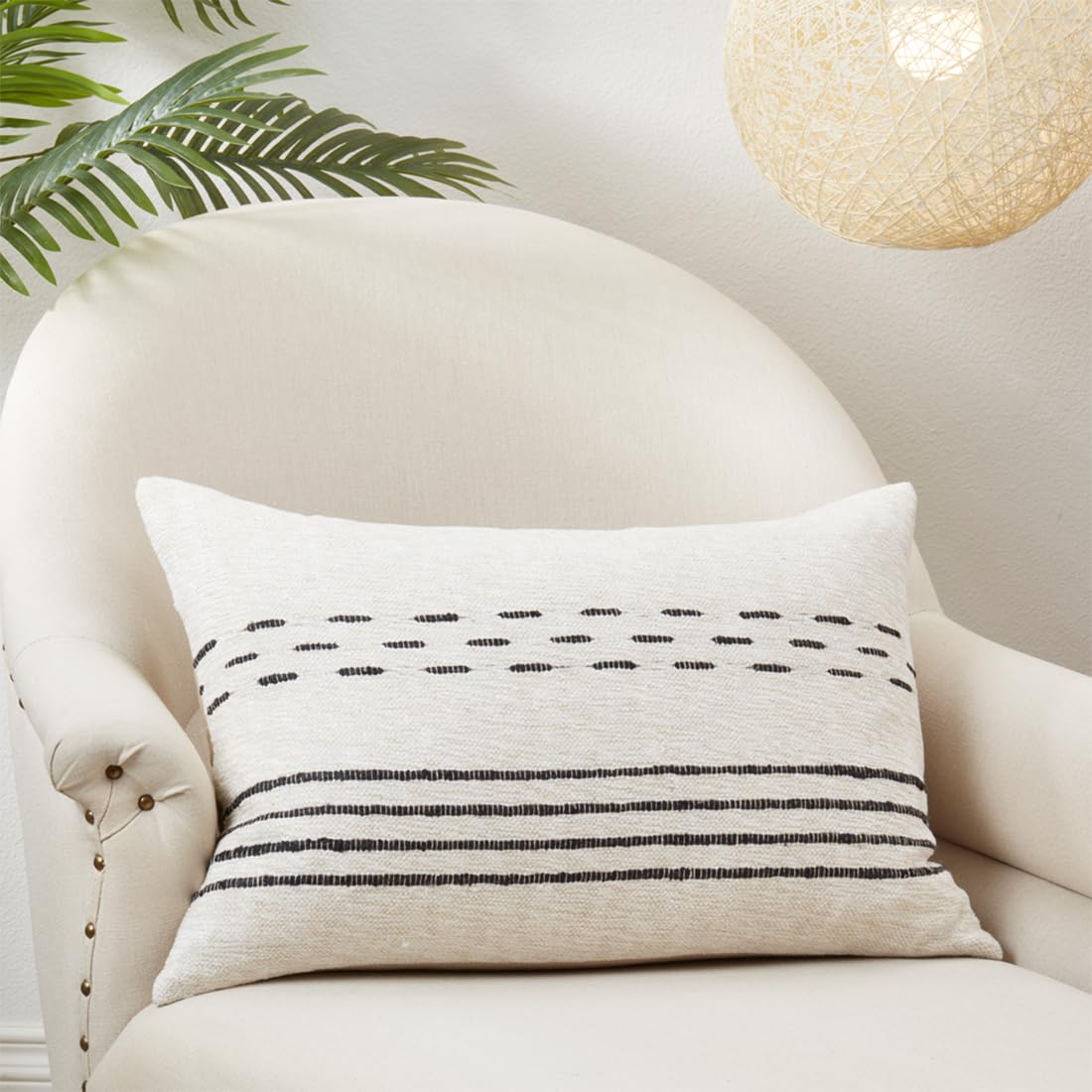Natural Striped Dash Cotton Pillow Cover, 16" x 16"