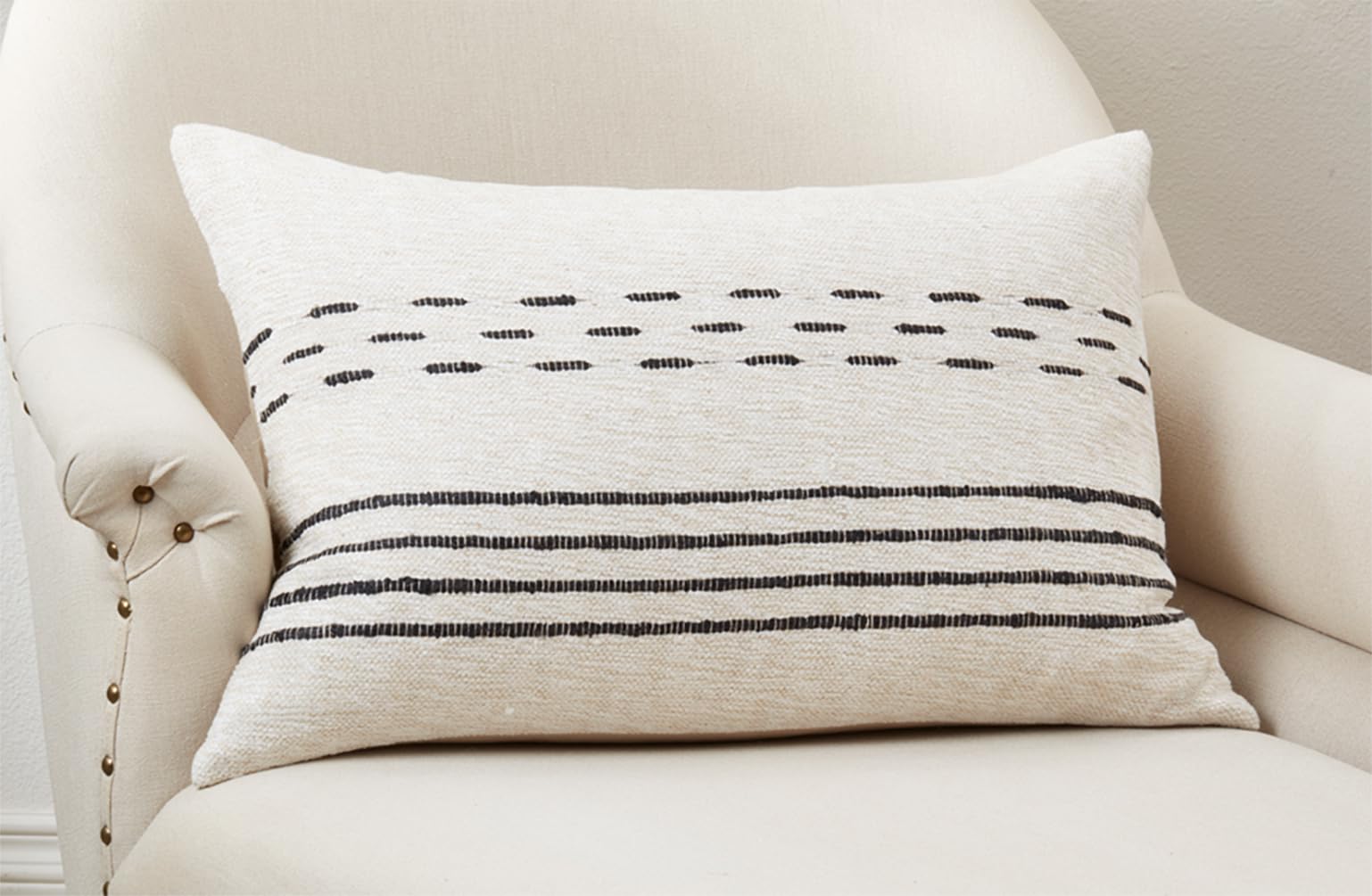 Natural Striped Dash Cotton Pillow Cover, 16" x 16"