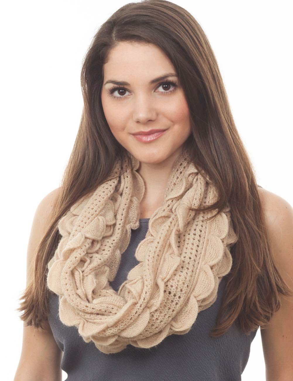 stylesilove Chic Oversized Ruffle Knitted Infinity Scarf Lightweight Cozy Neck Warmer for Women and Girls
