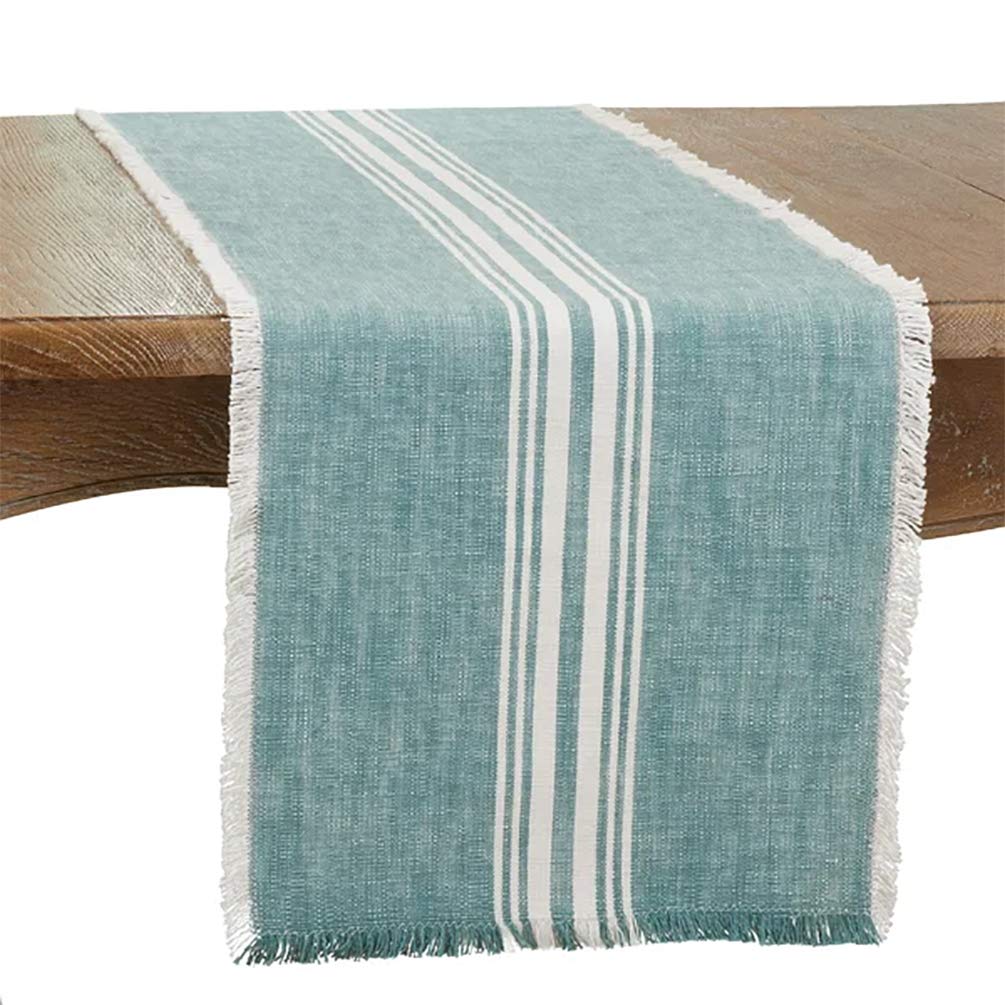 Fennco Styles Contemporary Striped Fringe Cotton Table Runner 13" W x 72" L - Blue Table Cover for Home, Dining Table Décor, Family Gathering, Banquets and Special Events