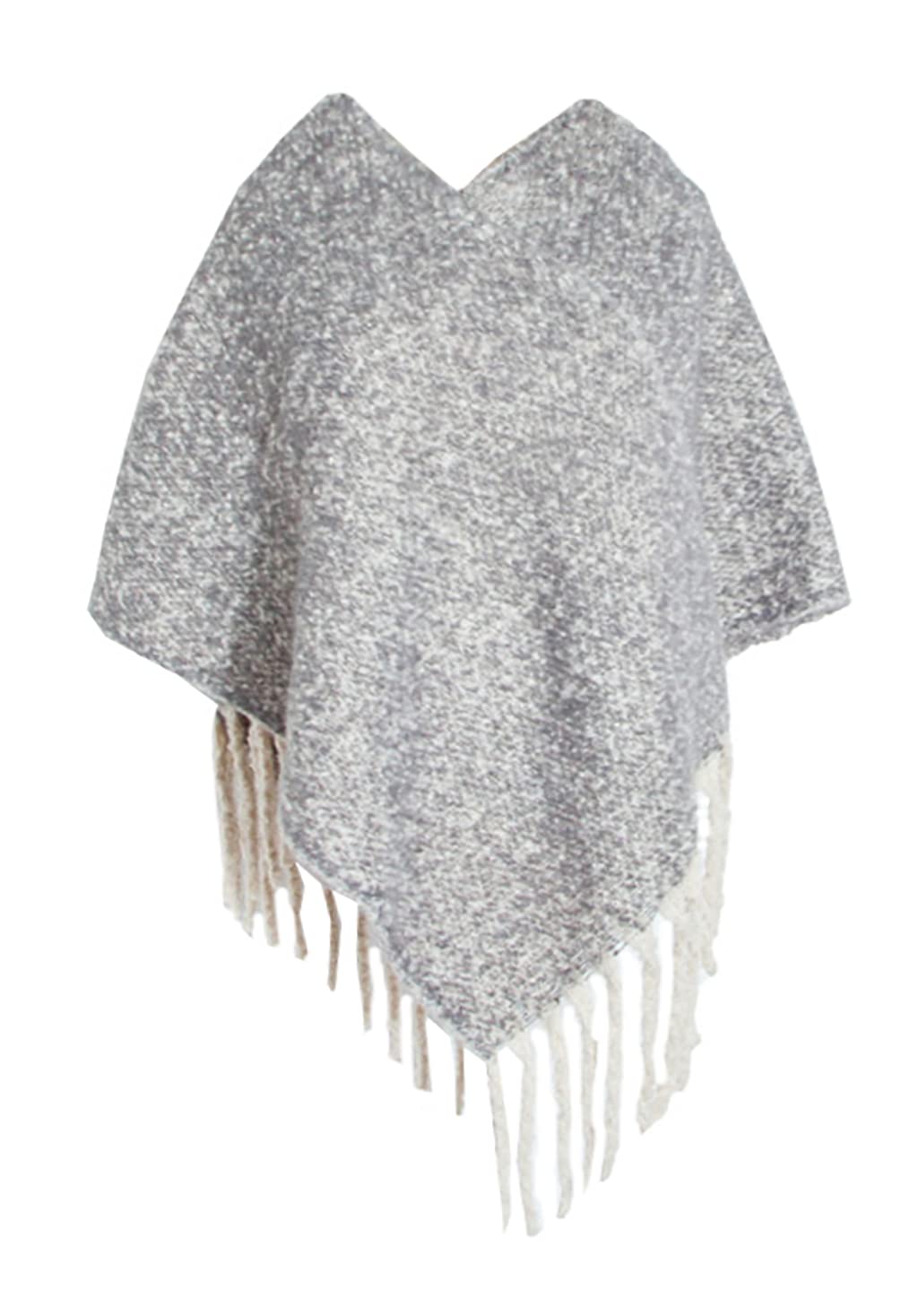 stylesilove Autumn Winter Women Solid Knitted V-Neck Pullover Fringe Poncho Sweater Lightweight Cape Cozy Wrap Tassel Shawl