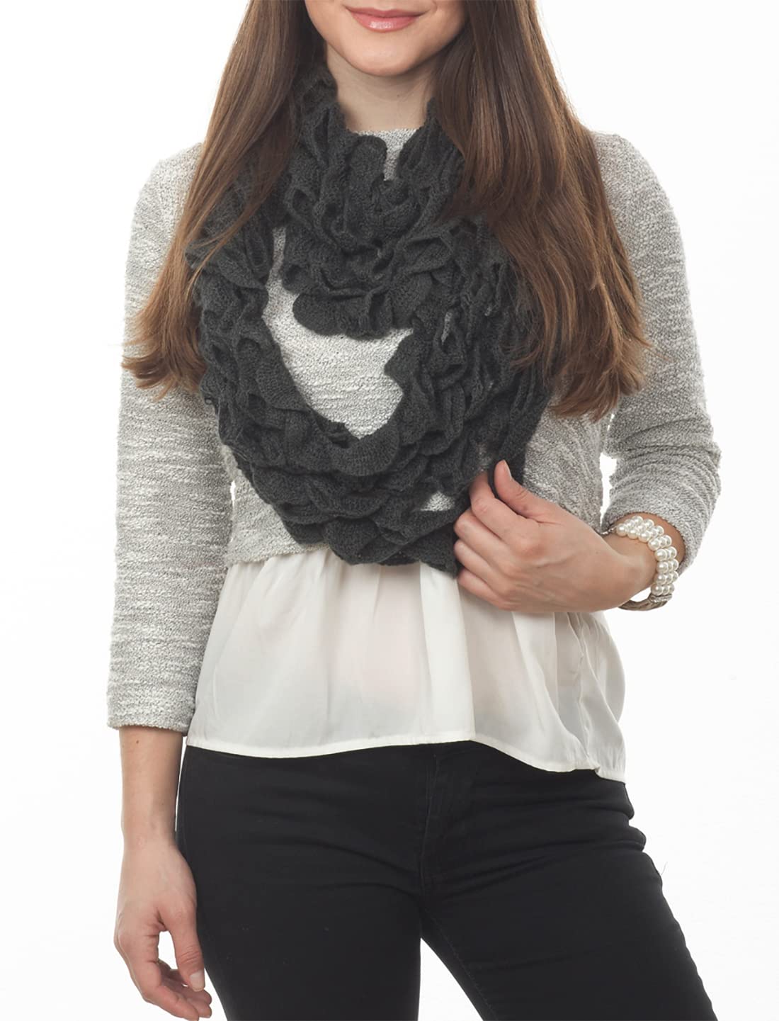 stylesilove Women Girls Chic Ruffle Knit Infinity Circle Loop Scarf Versatile Winter Autumn Fashion Neck Warmer