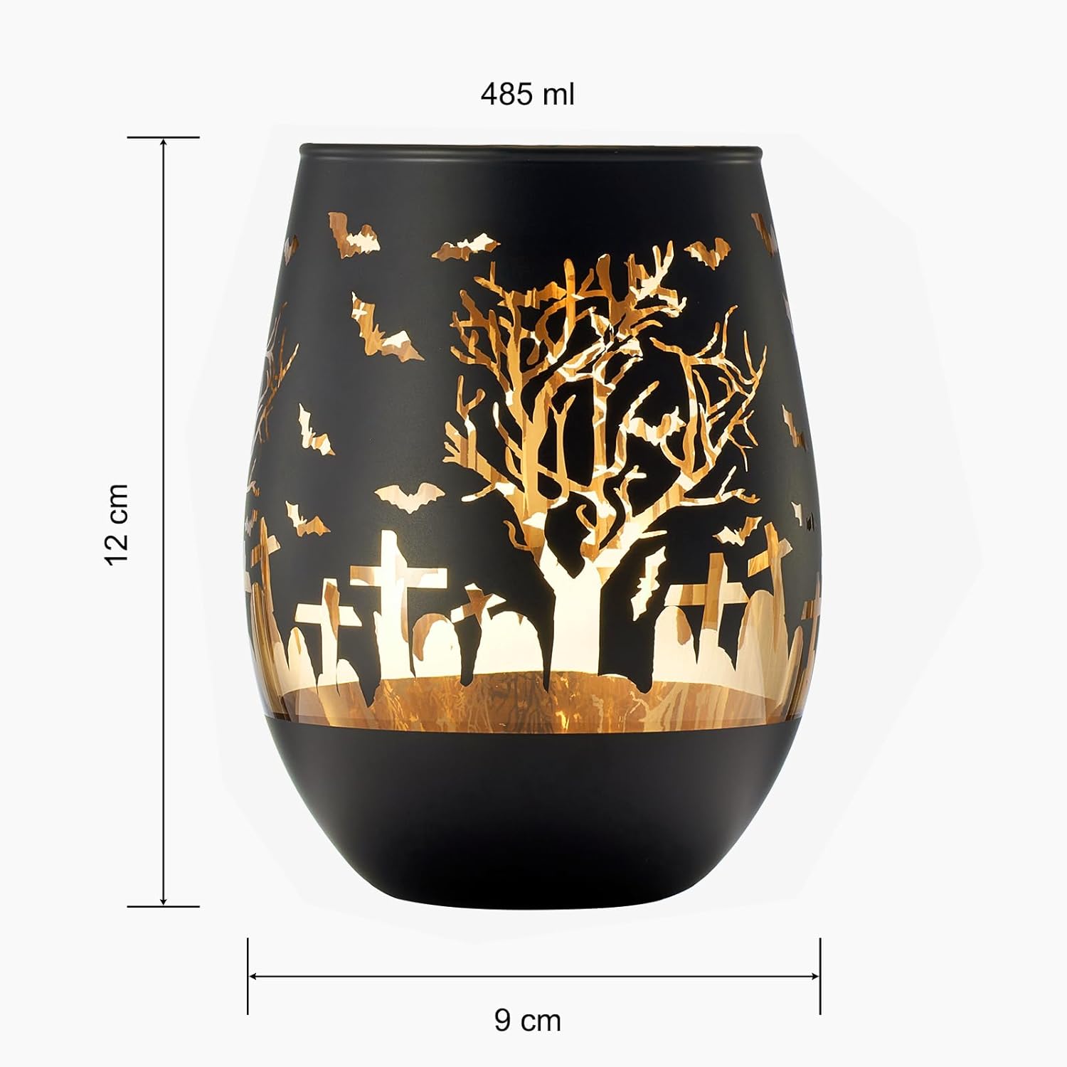 Crystal Halloween Stemless Wine Glass Set Of 2 Themed Vibrant Black Gold Etched Spooky Graveyard Pat