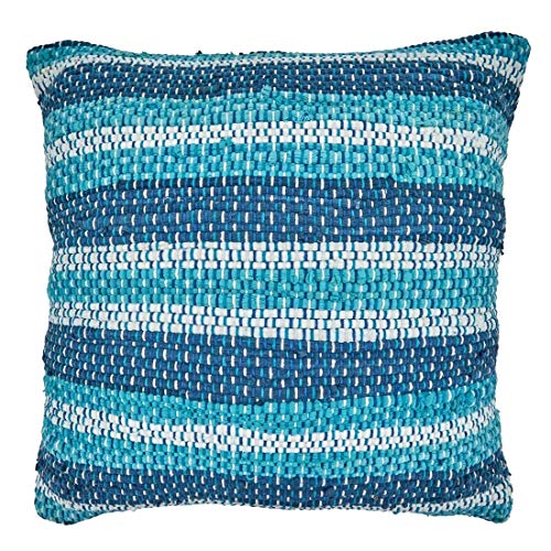 Fennco Styles Striped Chindi Decorative Cotton Filled Throw Pillow - Blue Textured Cushion for Home, Couch, Living Room and Office Décor