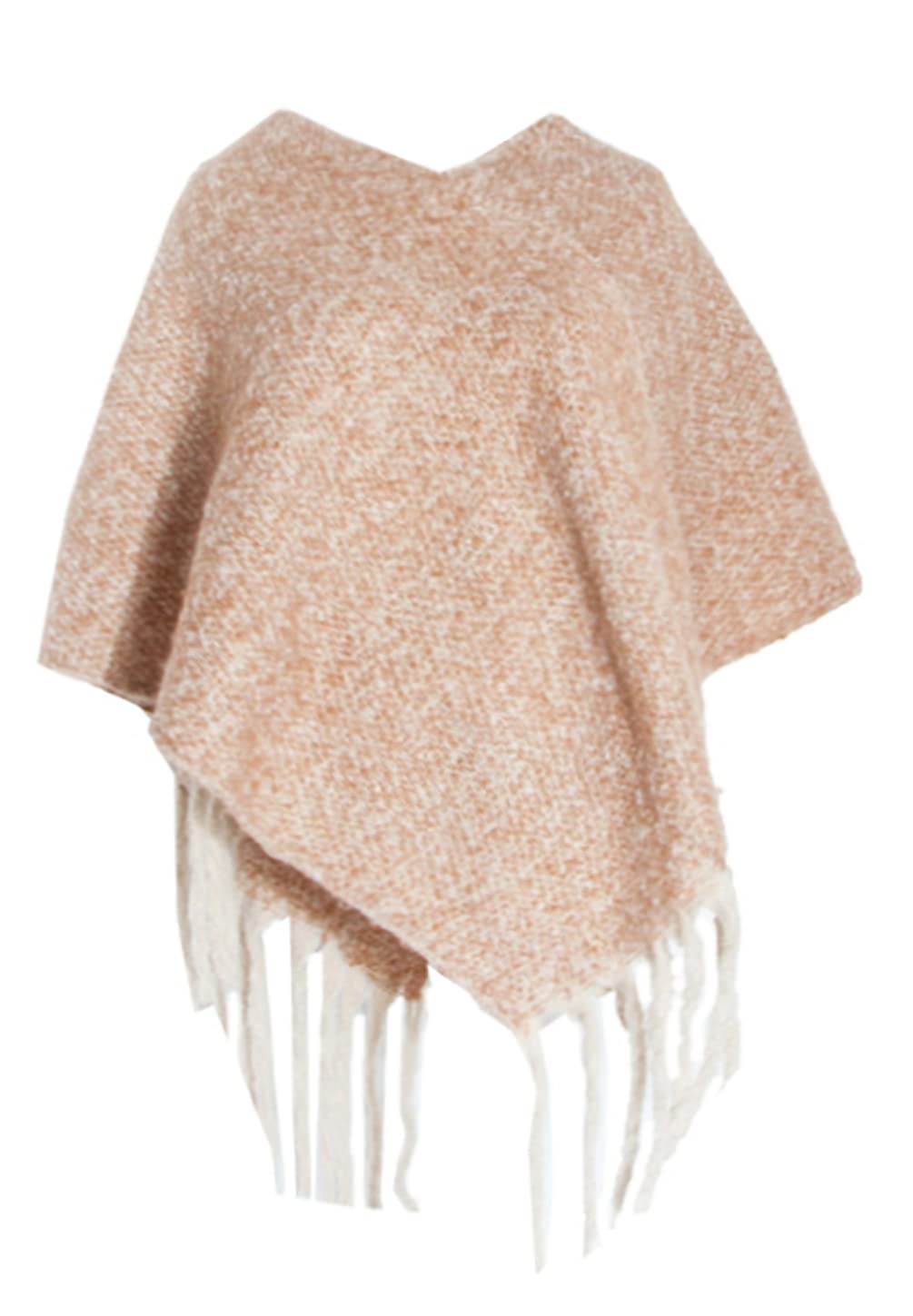 stylesilove Autumn Winter Women Solid Knitted V-Neck Pullover Fringe Poncho Sweater Lightweight Cape Cozy Wrap Tassel Shawl