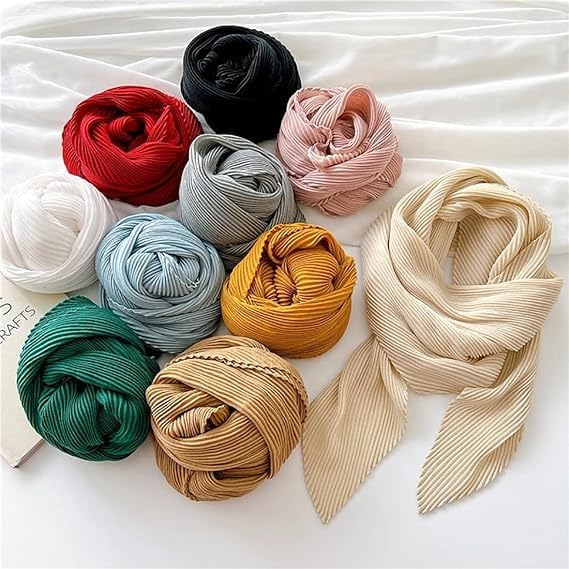stylesilove Women Crinkle Pleated Square Scarf Solid Color Neckerchief Soft Bandana Small Shawl Neck Wraps for All Season