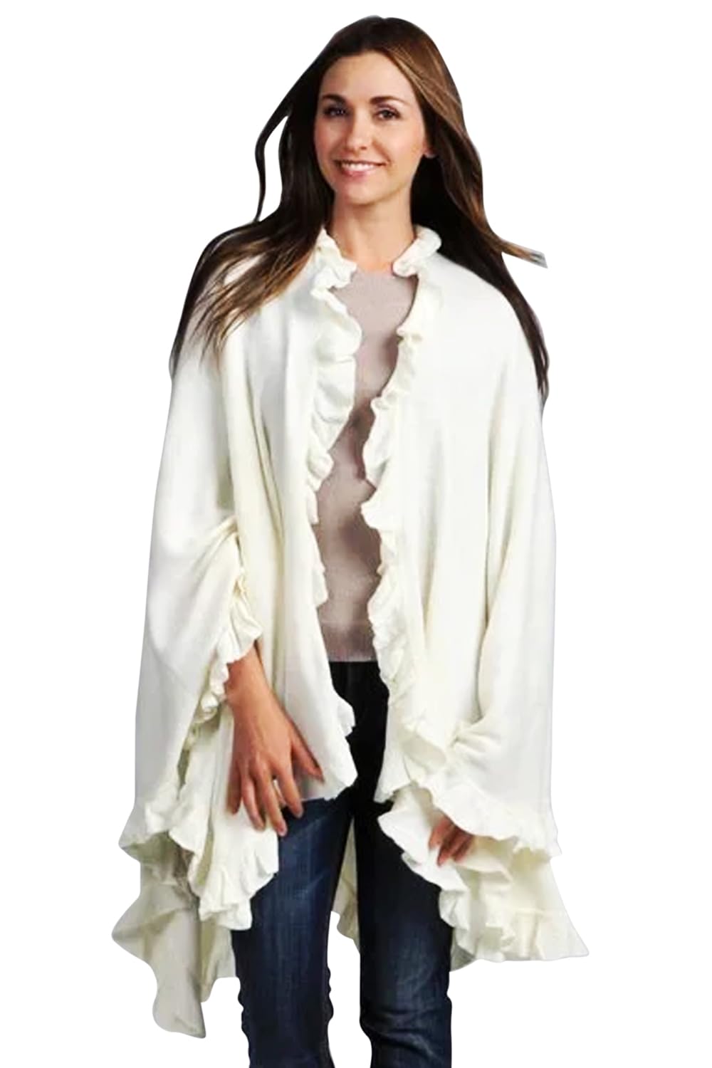 Fennco Styles Women's Ruffle Trim Knit Open Front Poncho Cape Shawl - Fall Wrap Jacket, Cozy and Stylish Layering Piece