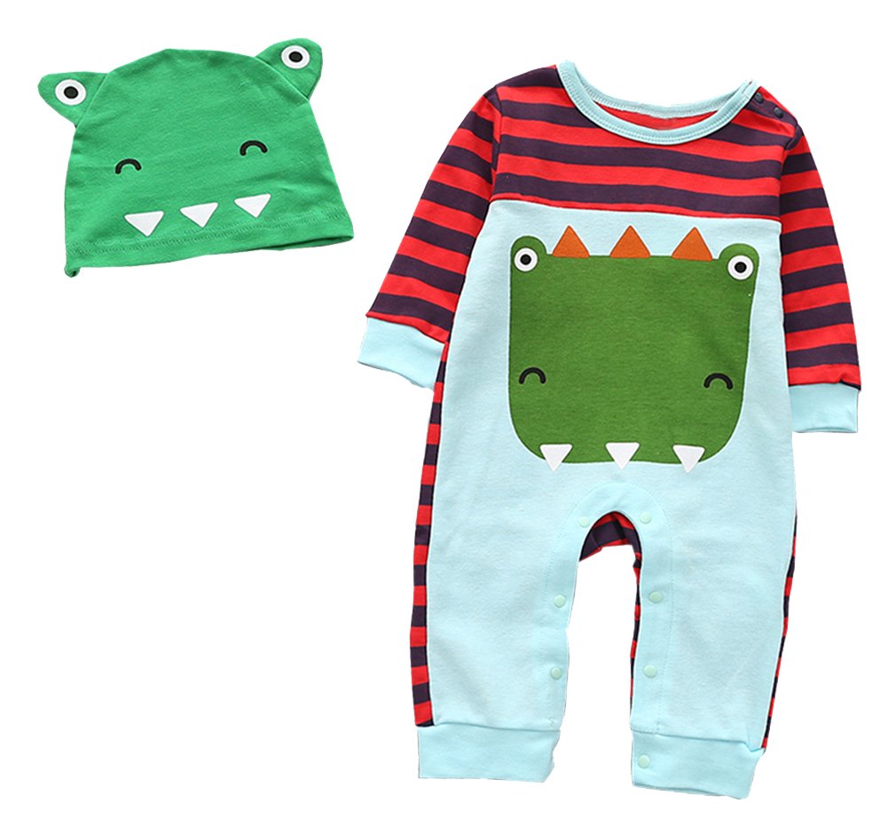 stylesilove Cartoon Animal Baby Boy Cotton Long Sleeve Romper with Hat 2 pcs Outfit Set
