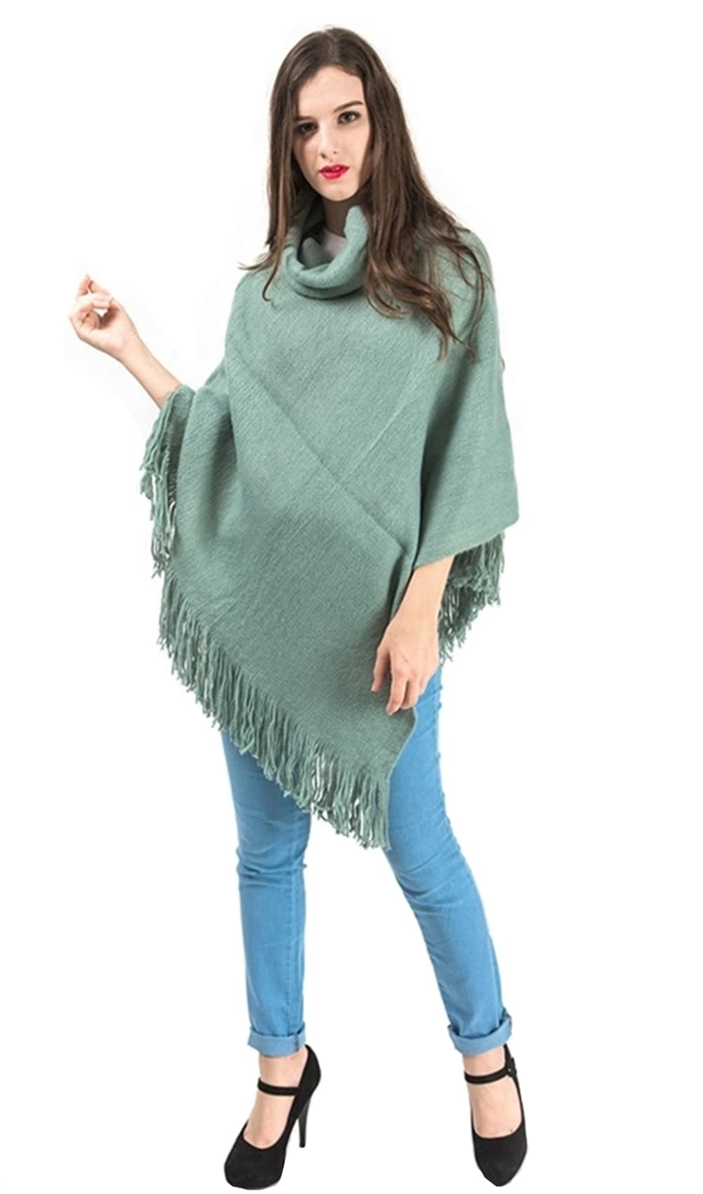 stylesilove Women Autumn Winter Solid Knitted Turtleneck Pullover Fringe Poncho Sweater Soft Wrap Lightweight Shawl