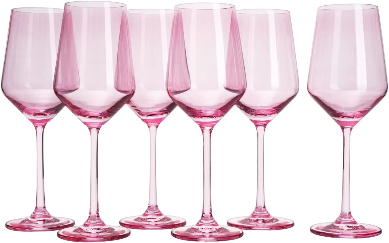 Set Of 6 Pink Colored Wine Glasses 12 Oz Hand Blown Italian Style Crystal Bordeaux Wine Glasses Prem