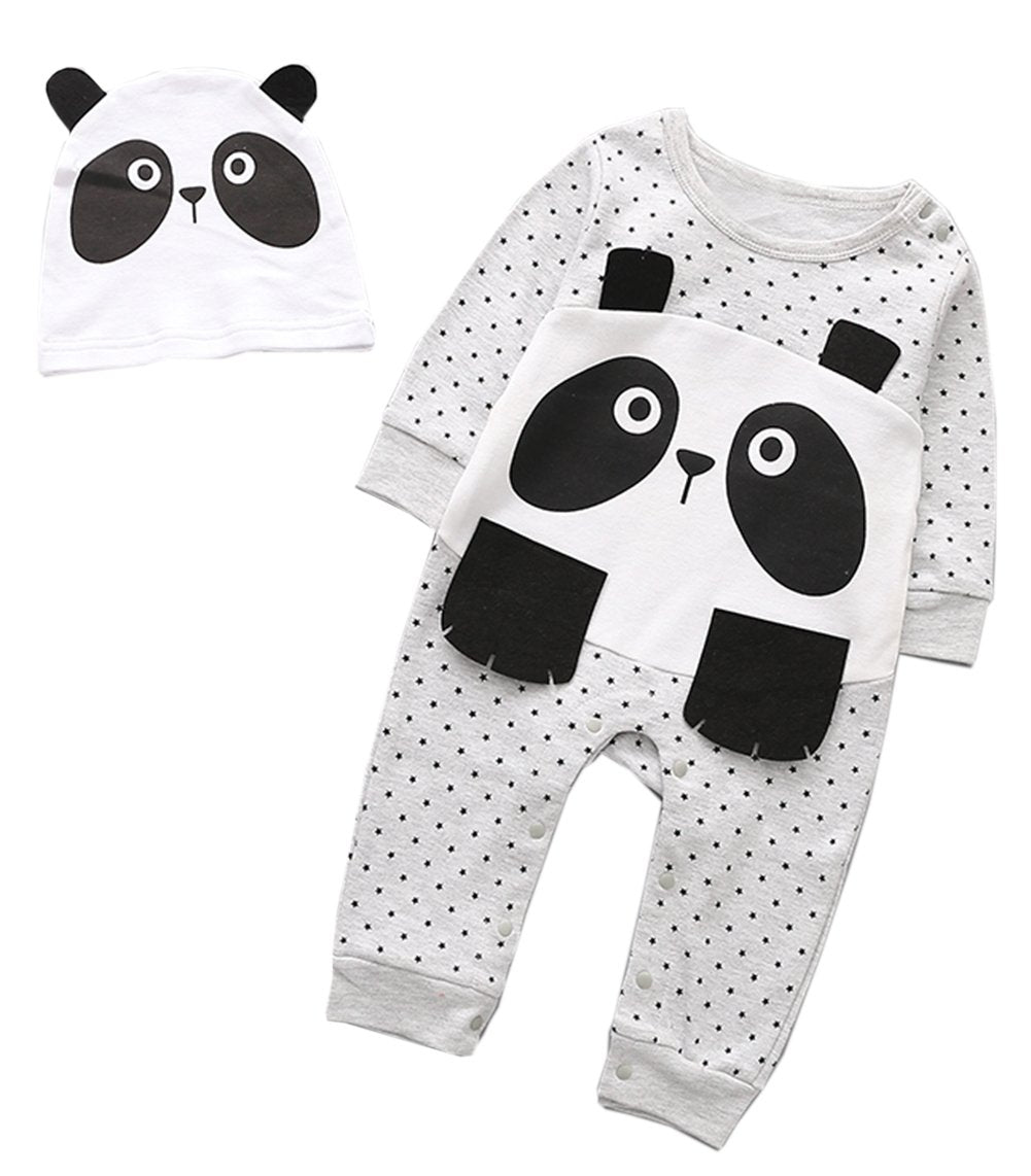 stylesilove Cartoon Animal Baby Boy Cotton Long Sleeve Romper with Hat 2 pcs Outfit Set