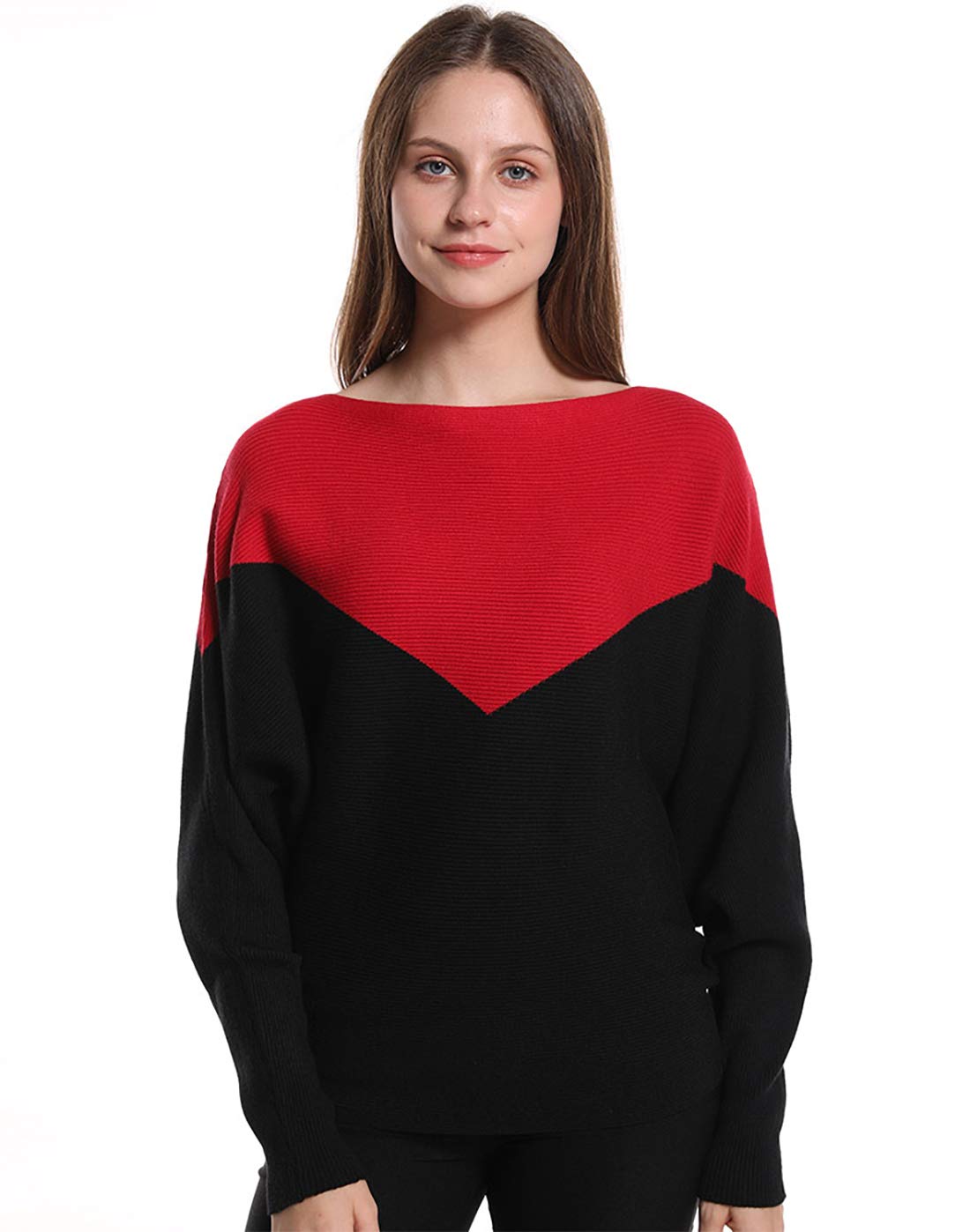Styles I Love Women Autumn Winter Two-Tone Boat Neck Batwing Sleeve Pullover Knitted Sweater Long Sleeve Loose Top