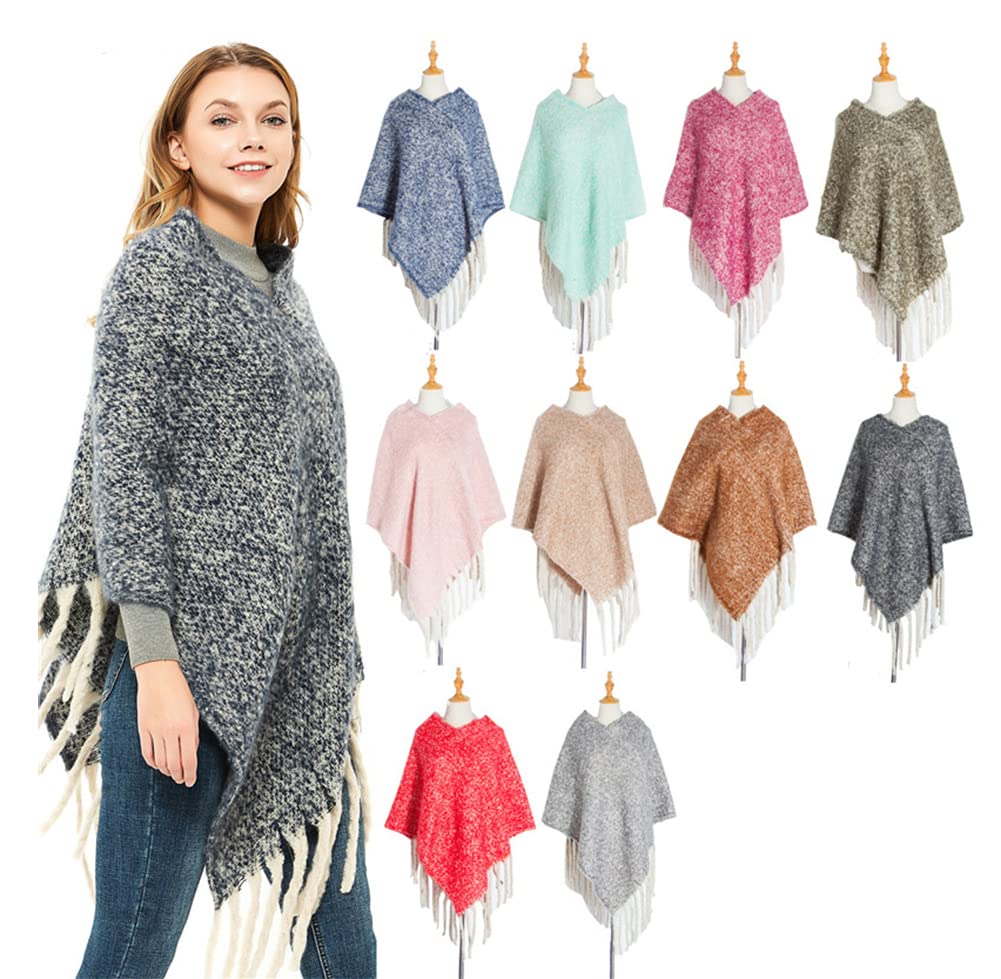 stylesilove Autumn Winter Women Solid Knitted V-Neck Pullover Fringe Poncho Sweater Lightweight Cape Cozy Wrap Tassel Shawl