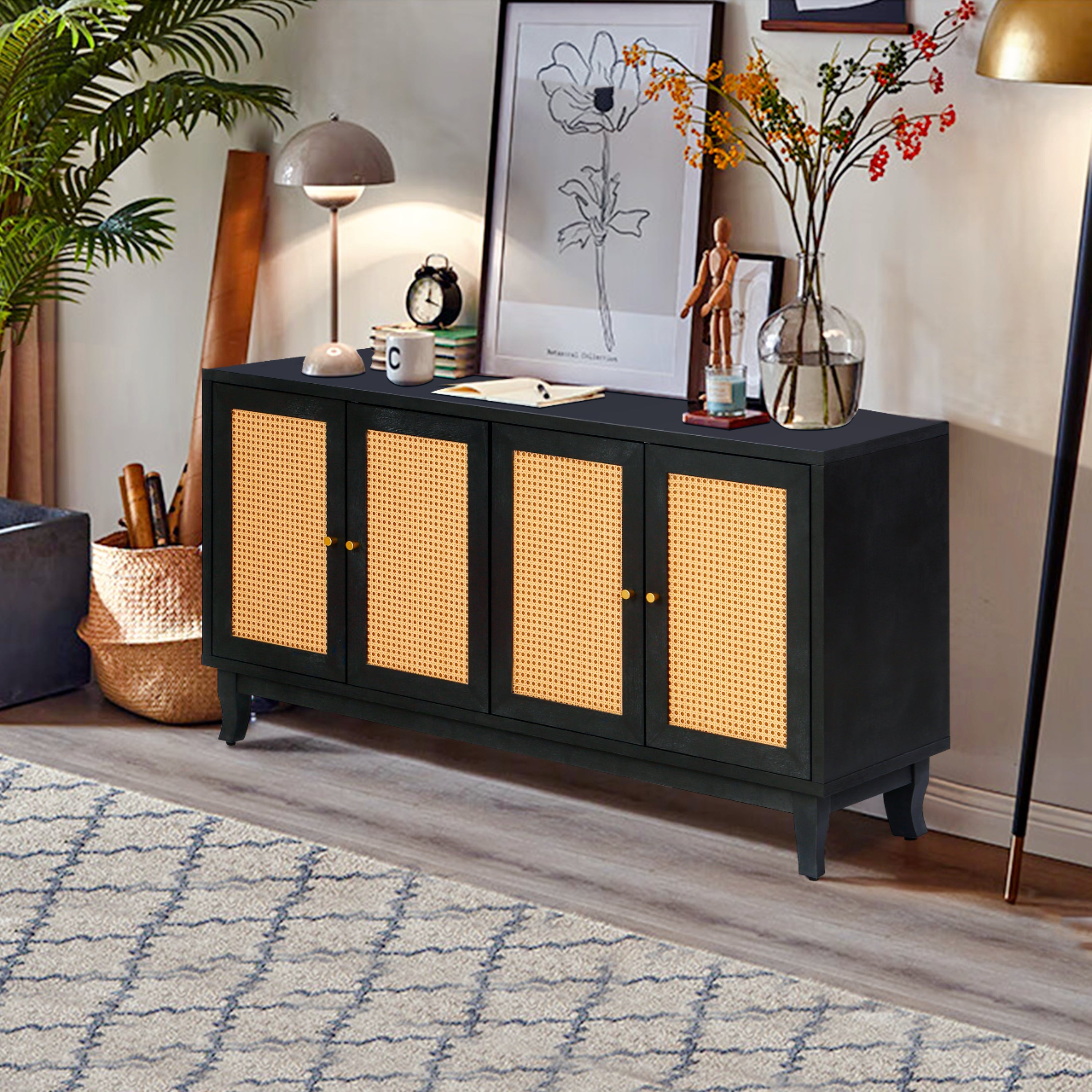 Handcrafted Premium Grain Panels Rattan Sideboard Buffer Cabinet Accent Storage Cabinet With 4 Rattan Doors BLACK