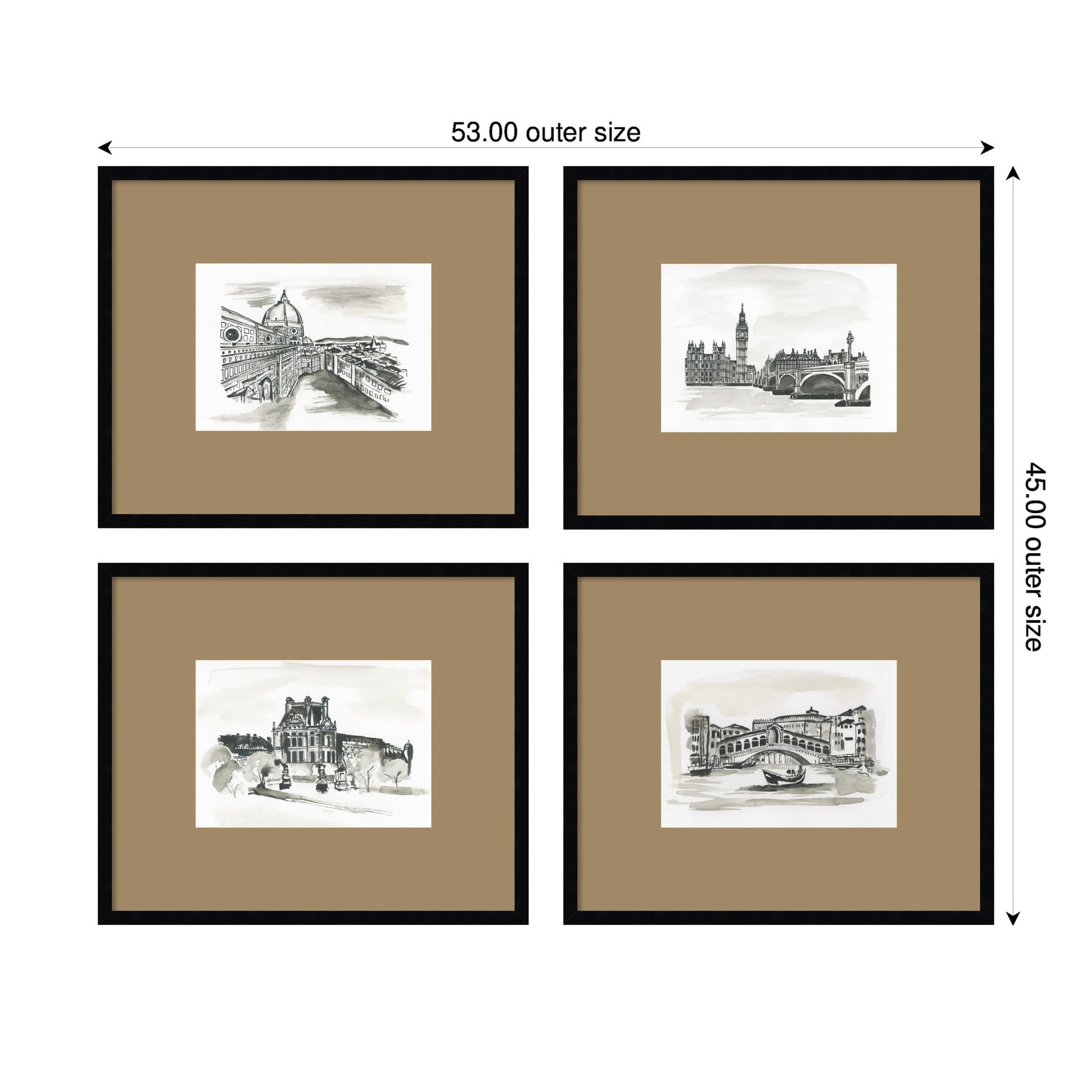 Vintage Europe 4 Piece Framed Wall Art Print Set by Teju Reval Brown Mat