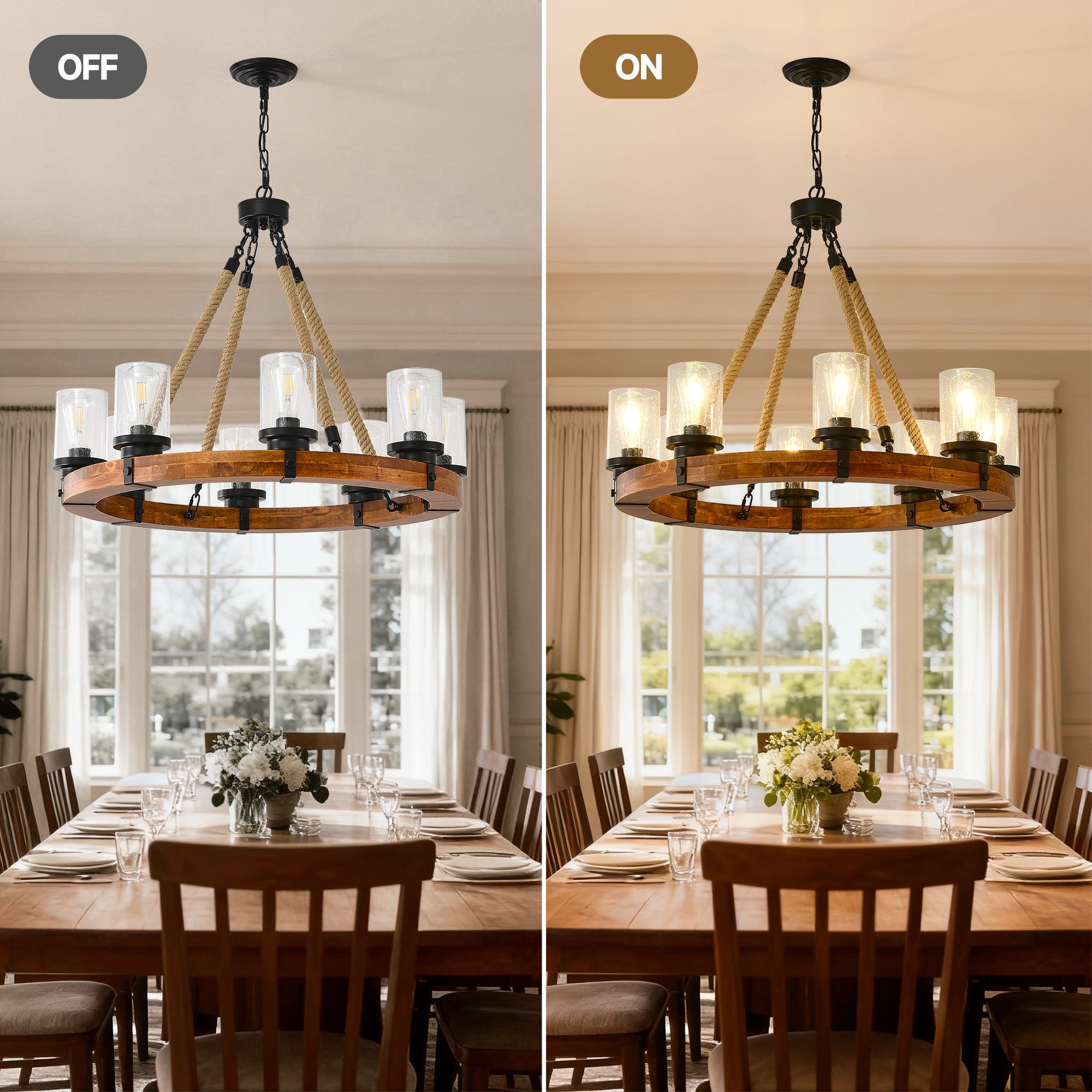 8 Light Rustic Wagon Wheel Chandelier, 31" Wooden Pendant Light with Seeded Glass Shade