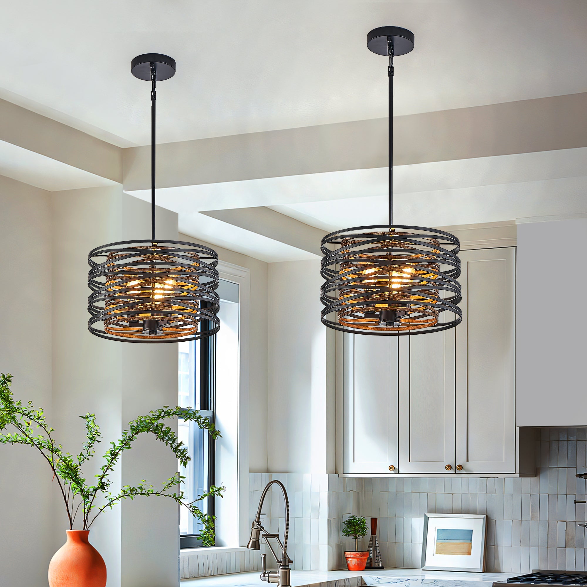 13" Rustic Industrial Pendant Light, 3-Light Black and Walnut Metal Cage Chandelier with Wood Accents
