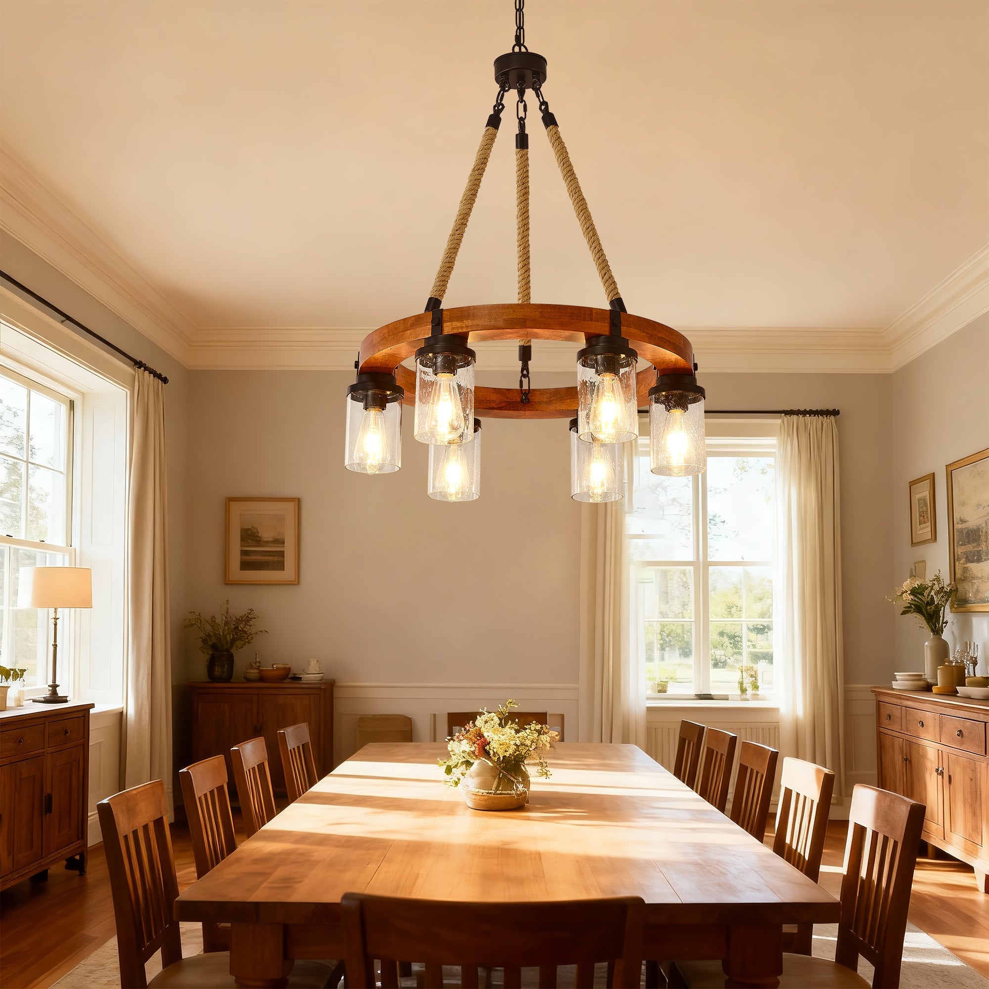 Rustic 6-Light Wagon Wheel Chandelier, Farmhouse Chandeliers
