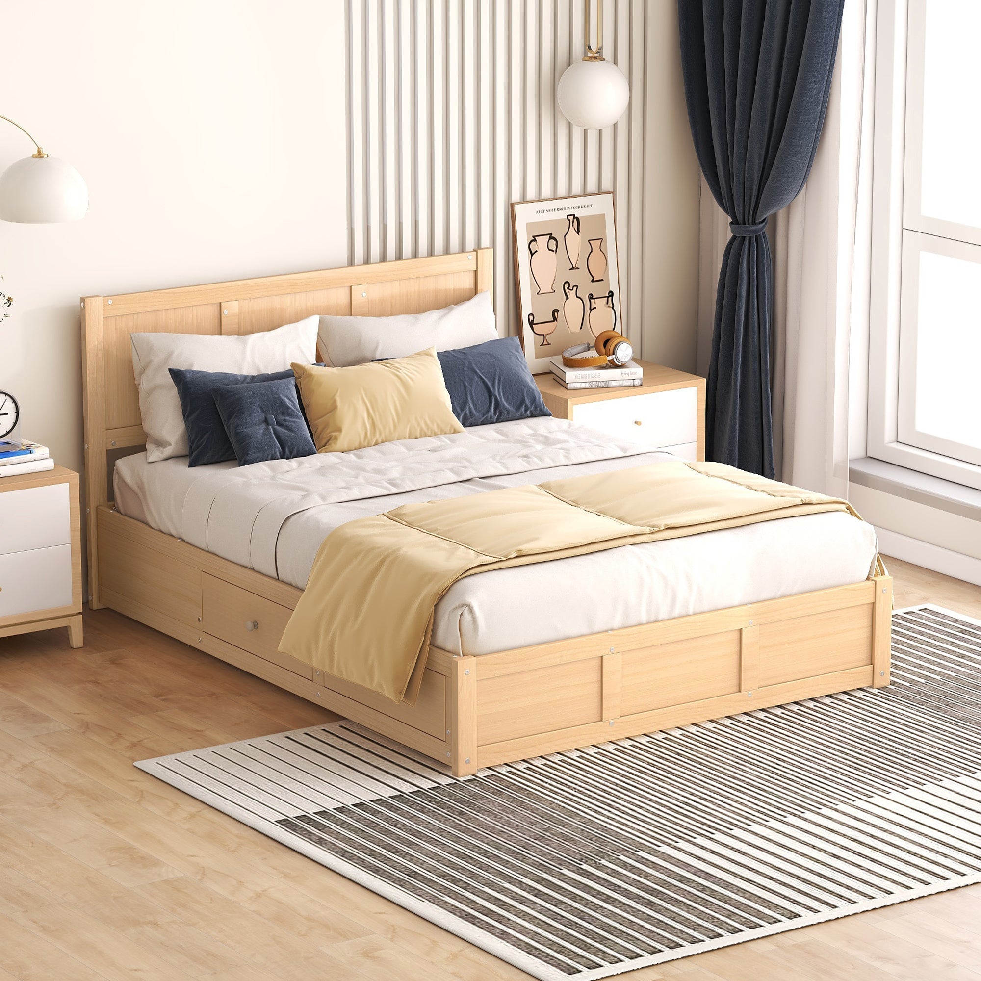 Full Size Wood Platform Bed with Underneath Storage and 2 Drawers Wood Color