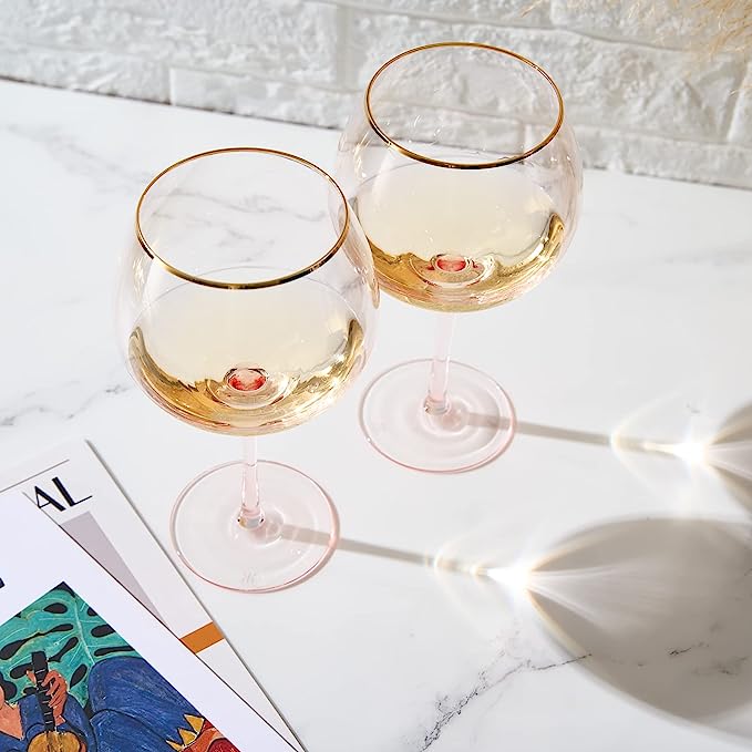 Colored Blush Pink Gilded Rim Wine Glassware Large 23OZ Cocktail Champagne Glasses 2 Set Vibrant Col