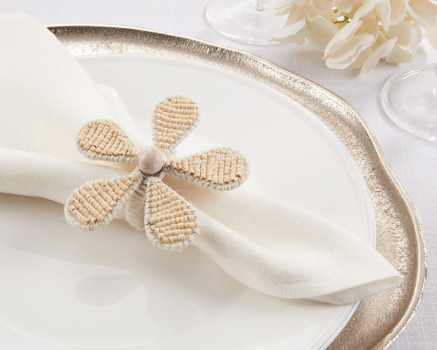 Fennco Styles Hand Beaded Flower Decorative Napkin Rings, Set of 4 - Natural Wooden Beads Napkin Holders for Home, Dining Room, Banquet, Family Gathering, Holiday Décor and Special Occasion