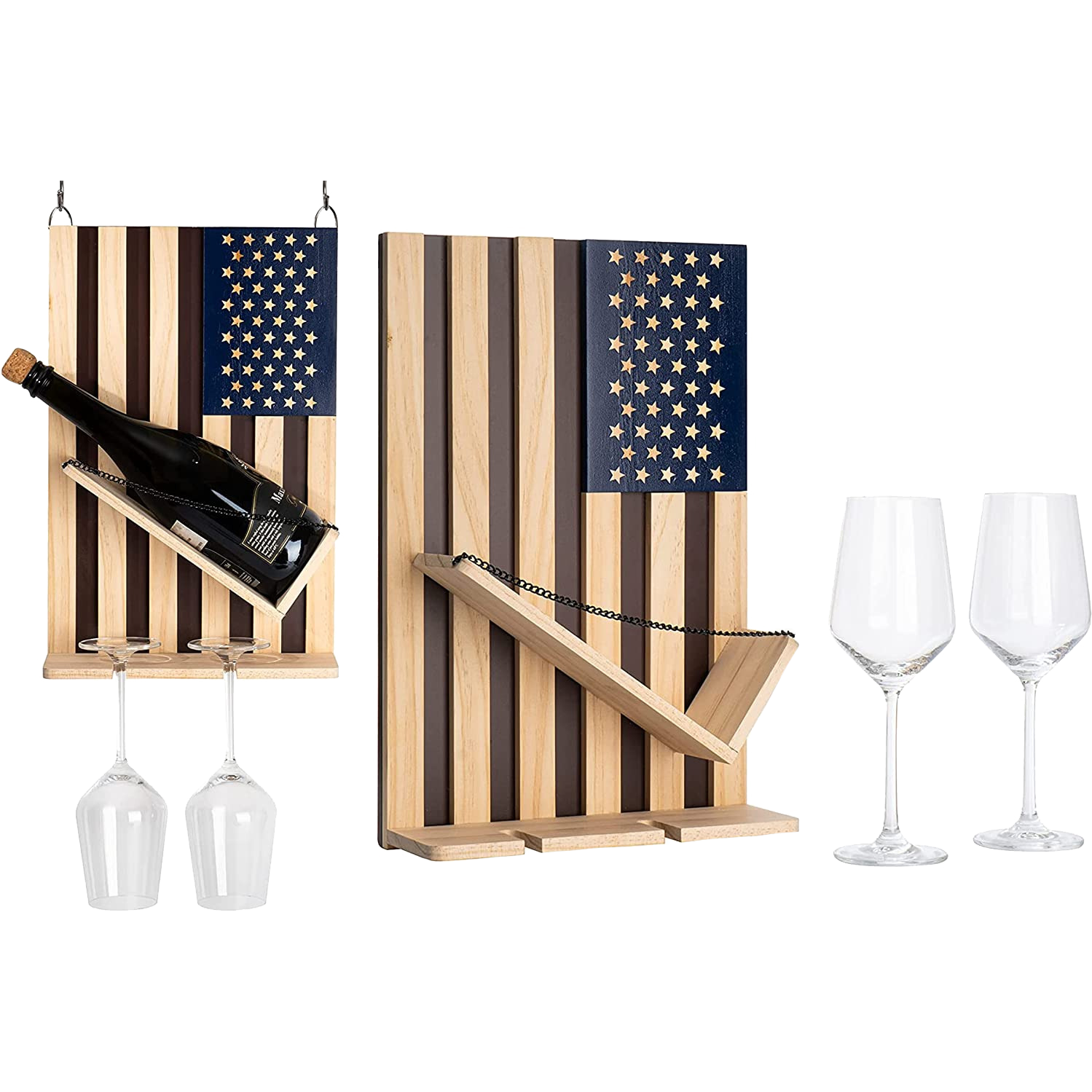 American Flag Wine Bottle Wall Rack Holder With 2 Wine Glasses By Patriotic Centerpi