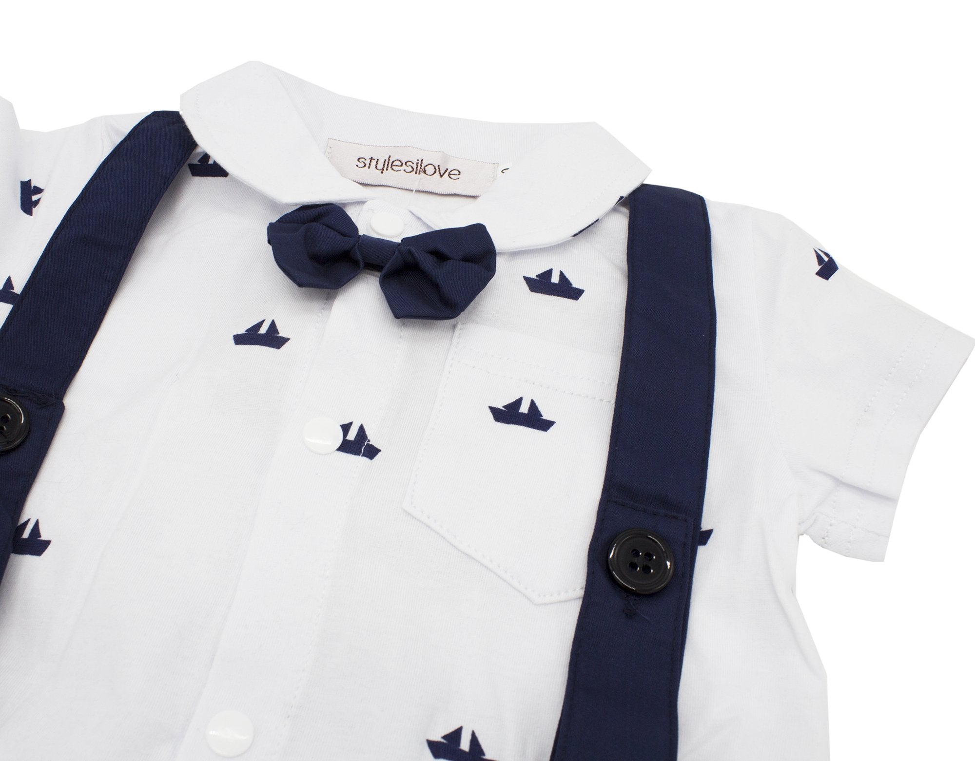 stylesilove Sailor Boat Print Faux Suspender Formal Wear Baby Boys Short Sleeve Romper Outfit