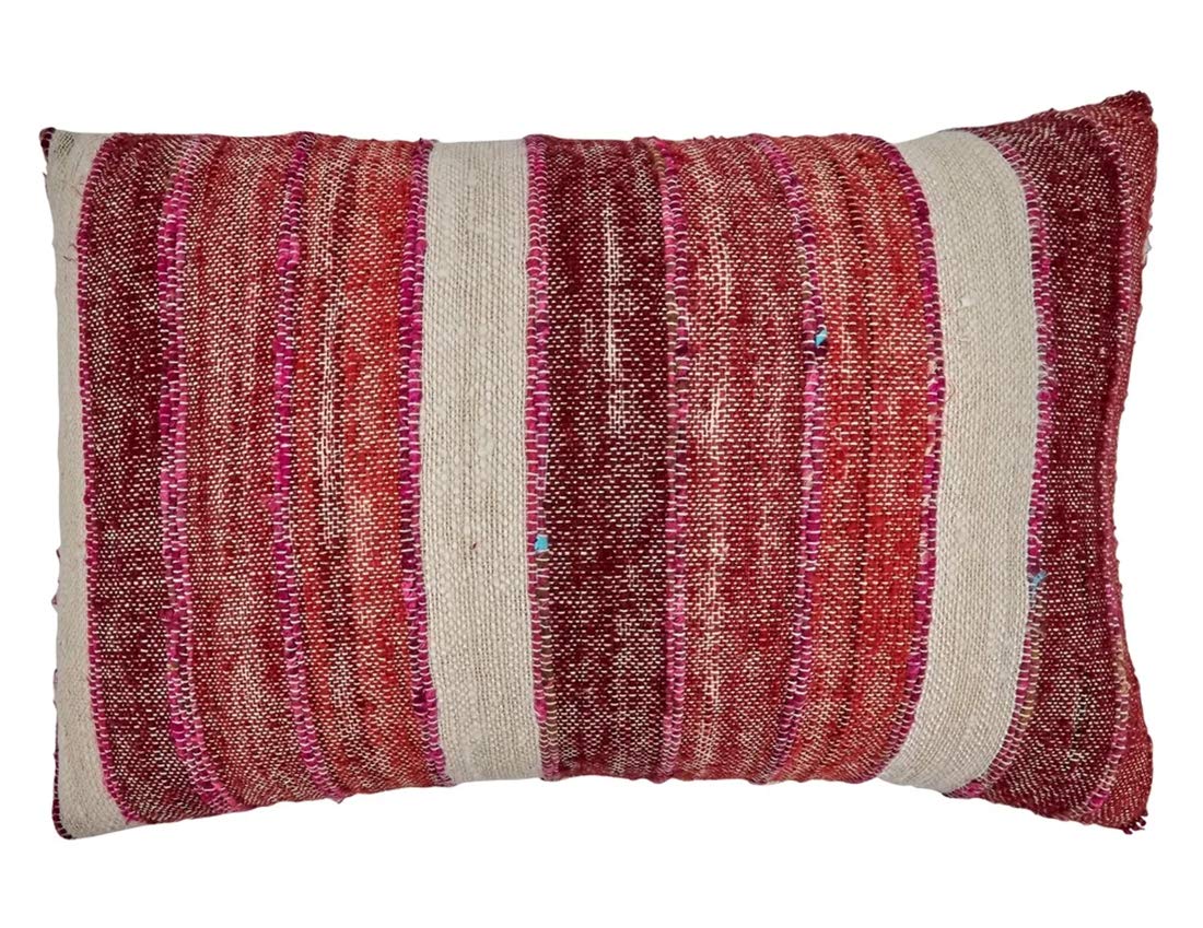 Woven Chindi Striped Fringe 100% Cotton Decorative Throw Pillow Cover 16 x 24 Inch - Blue Throw Pillow Case for Home, Couch, Living Room and Bedroom Décor