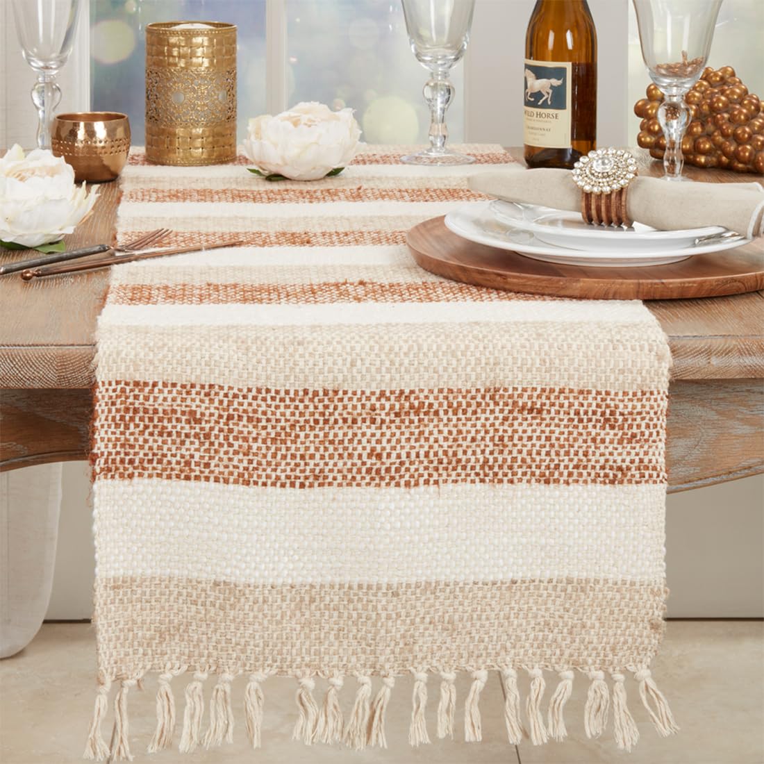 Natural Striped with Tassel Table Runner 16" W x 72" L - 100% Cotton Woven Table Cover for Home Décor, Dining Table, Banquets, Family Gathering and Special Events