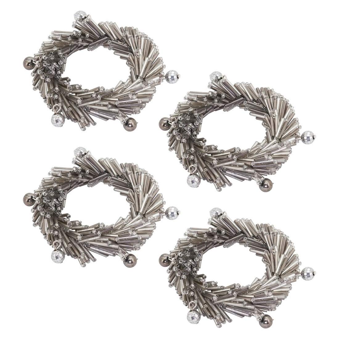 Fennco Styles Hand Beaded Decorative Napkin Rings, Set of 4 - Silver Glass Beads Napkin Holders for Home, Dining Table, Banquet, Family Gathering, Christmas, Holiday Décor and Special Occasion