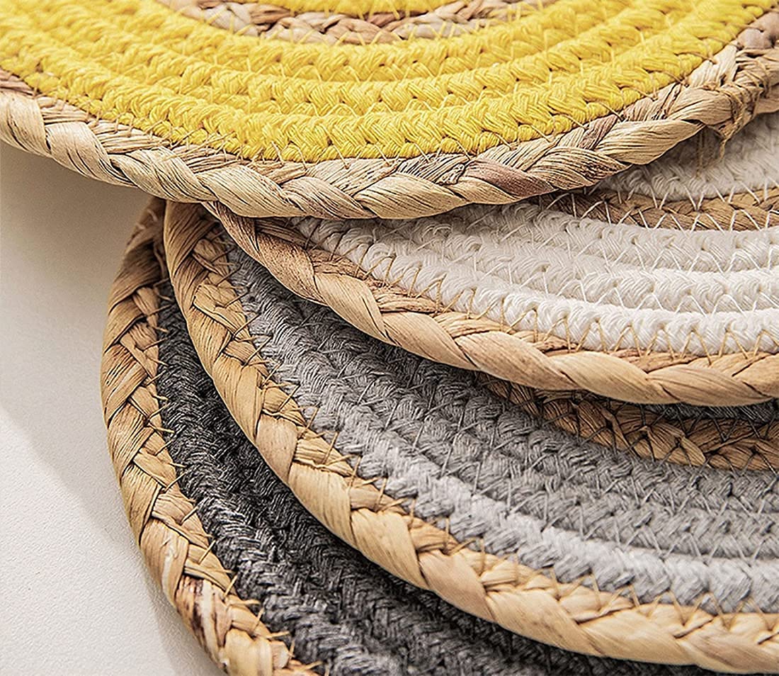 Fennco Styles Hand-Woven Rattan Cotton Rope Braided Placemats 12-Inch Round, Set of 4 - Heat Resistant Insulation Table Mats for Home, Boho Décor, Dining Table, Banquets and Special Events