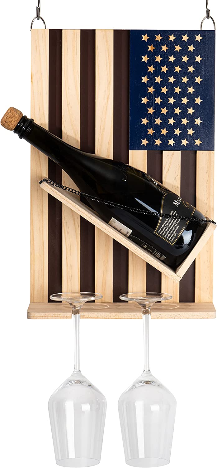 American Flag Wine Bottle Wall Rack Holder With 2 Wine Glasses By Patriotic Centerpi