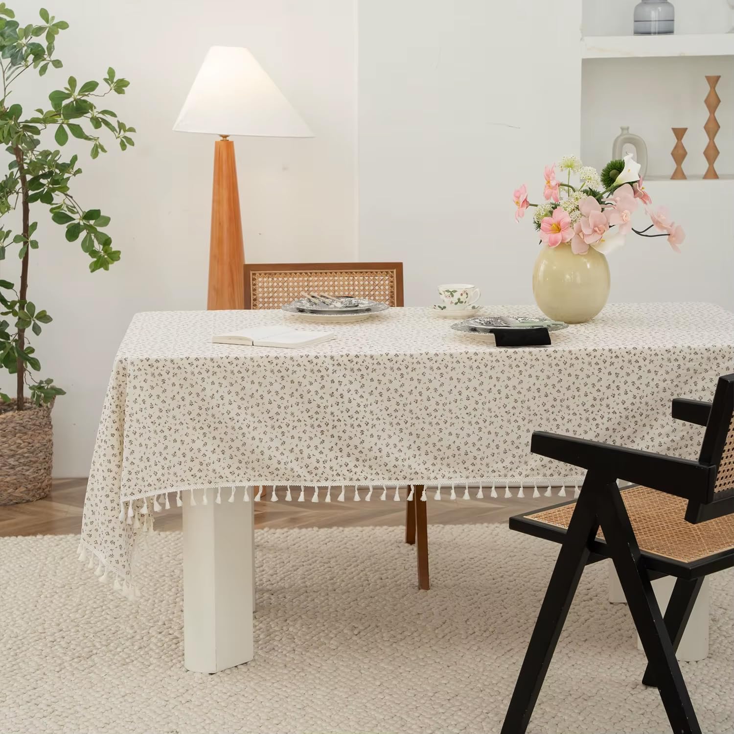 Fennco Styles Spring Floral White Cotton Tablecloth with Tassel – 56" W X 56" L Delicate Botanical Print Table Cover for Dining Room, Tea Party, Banquet or Spring Decor
