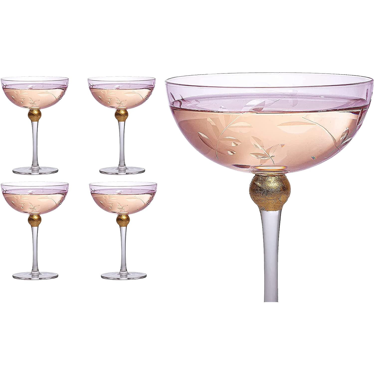 Pallo Tinted Pink Glass Crystal Champagne Saucers 9OZ Set Of 4 By Prosecco Flower De