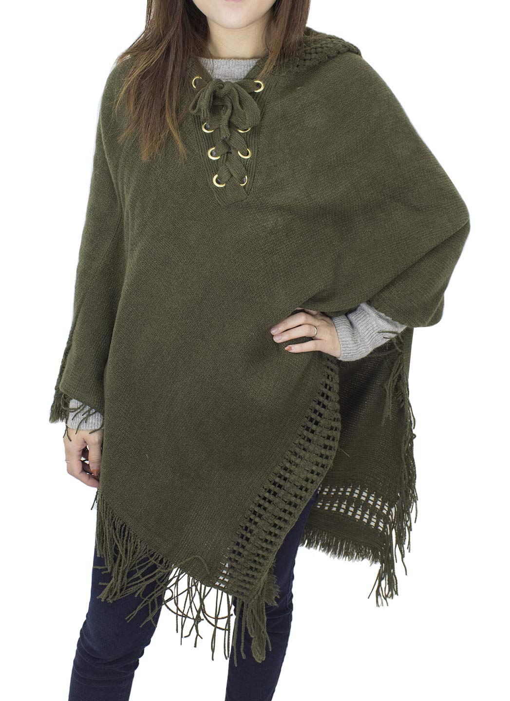 Styles I Love Women Fringed Lace Up Hooded Poncho Pullover Cardigan Soft Wrap for Winter Season