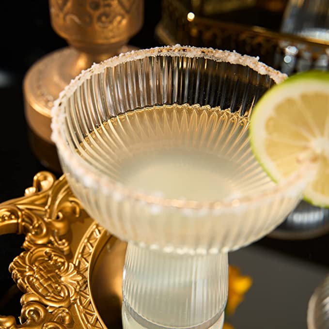 Ribbed Stemless Margarita Glasses With Gold Rim Set Of 4 Hand Blown Luxury Coupe Cocktail Martini Ch