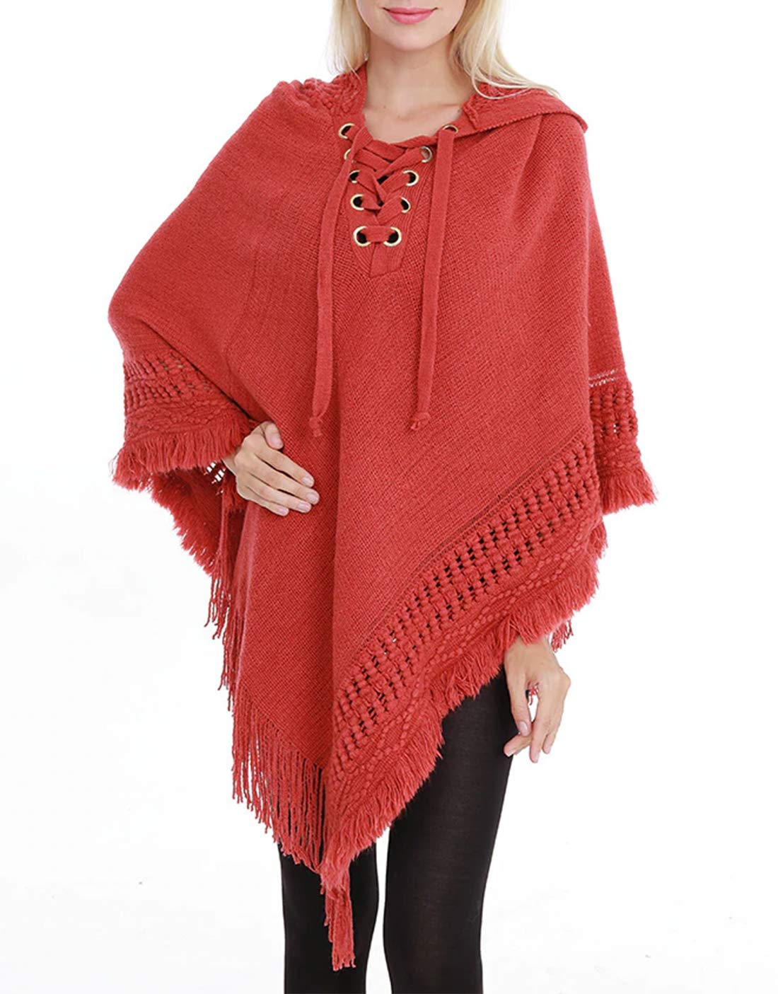 Styles I Love Women Fringed Lace Up Hooded Poncho Pullover Cardigan Soft Wrap for Winter Season