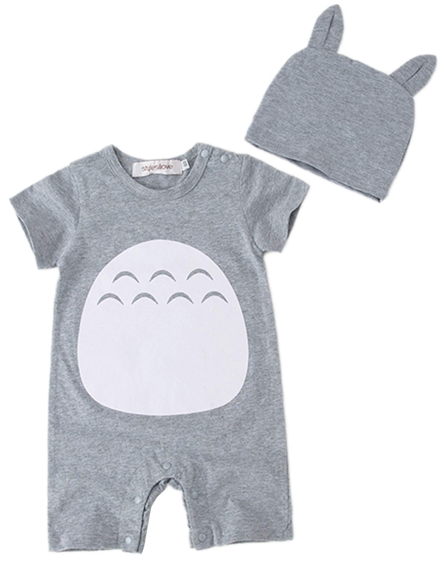 stylesilove Unisex Baby Boys Girls Grey Short Sleeve Cotton Romper with Hat 2pcs Cartoon Summer Outfit